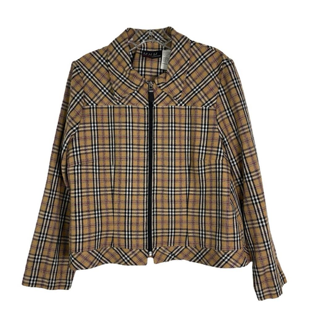 Vintage tan black white plaid preppy zip cropped lightweight jacket 10